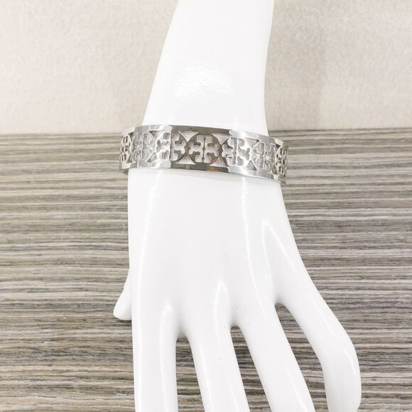 Tory Burch TB Gold Logo Cut out Cuff Bracelet Silver OS - Picture 6 of 12